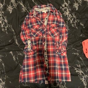 Red white and blue plaid button up